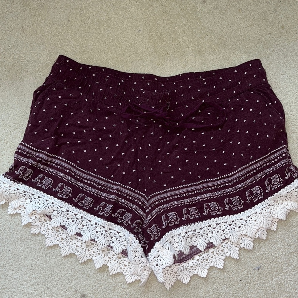 Burgundy elephant printed flowy shorts